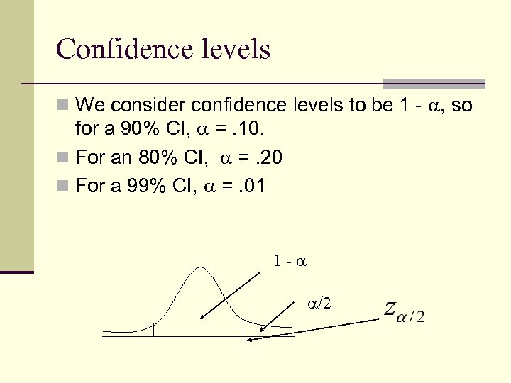 Confidence levels n We consider confidence levels to be 1 - , so for
