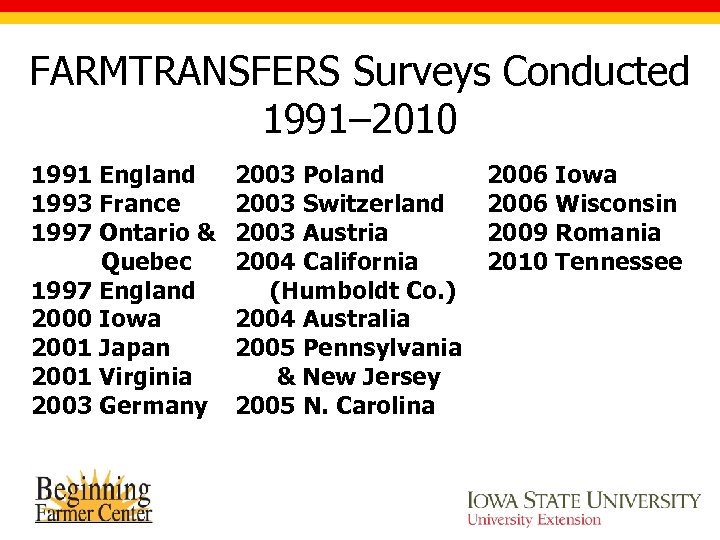 FARMTRANSFERS Surveys Conducted 1991– 2010 1991 England 1993 France 1997 Ontario & Quebec 1997