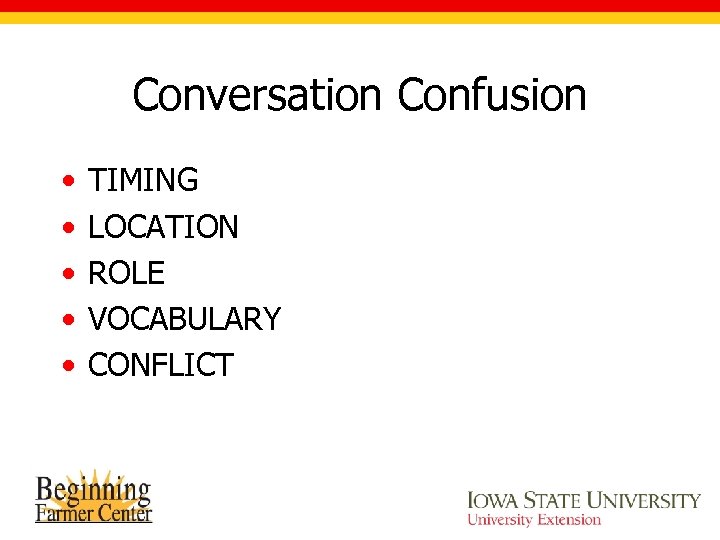 Conversation Confusion • • • TIMING LOCATION ROLE VOCABULARY CONFLICT 