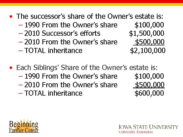  • The successor’s share of the Owner’s estate is: – 1990 From the