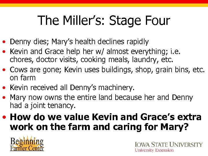 The Miller’s: Stage Four • Denny dies; Mary’s health declines rapidly • Kevin and