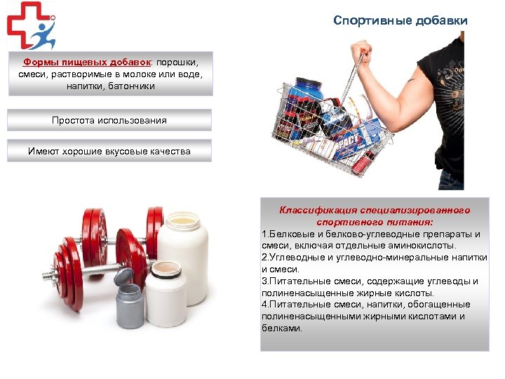 Спортивные добавки Формы пищевых добавок: порошки, смеси, растворимые в молоке или воде, напитки, батончики