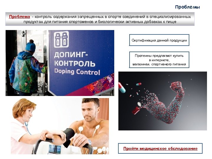 Проблемы Проблема - контроль содержания запрещенных в спорте соединений в специализированных продуктах для питания