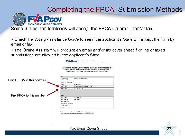 Completing the FPCA: Submission Methods Some States and territories will accept the FPCA via