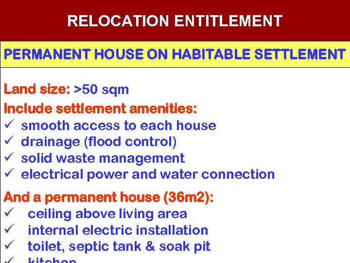 RELOCATION ENTITLEMENT PERMANENT HOUSE ON HABITABLE SETTLEMENT Land size: >50 sqm Include settlement amenities: