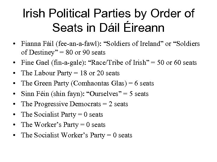 Irish Political Parties by Order of Seats in Dáil Éireann • Fianna Fáil (fee-an-a-fawl):