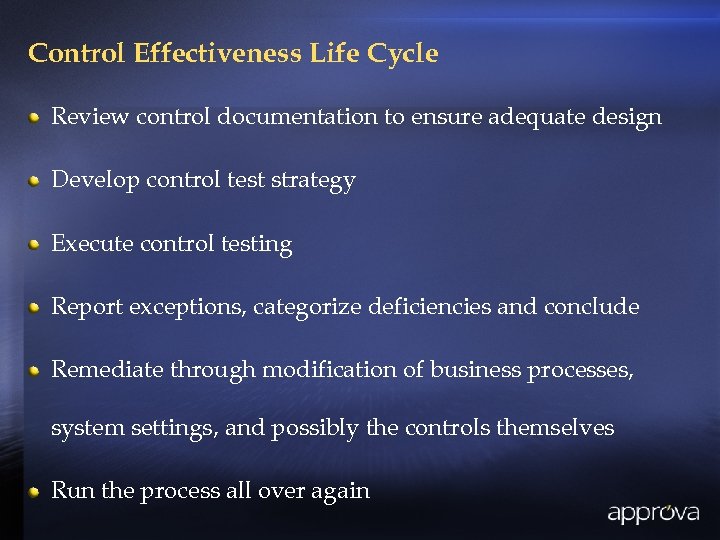 Control Effectiveness Life Cycle Review control documentation to ensure adequate design Develop control test