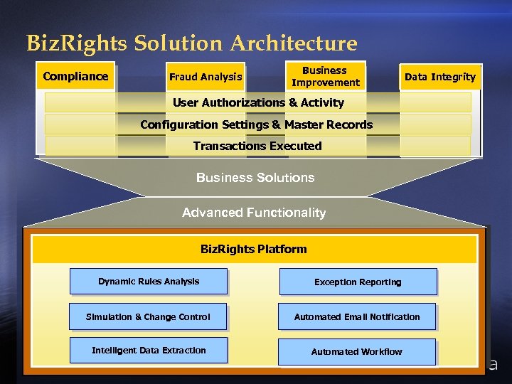 Biz. Rights Solution Architecture Compliance Fraud Analysis Business Improvement Data Integrity User Authorizations &