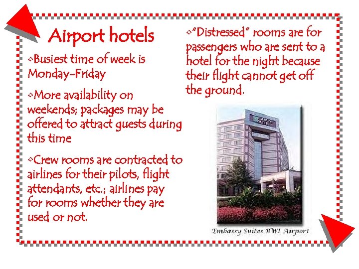 Airport hotels • Busiest time of week is Monday-Friday • More availability on weekends;