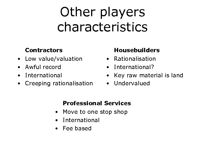 Other players characteristics Contractors • • Housebuilders Low value/valuation Awful record International Creeping rationalisation