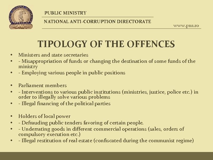 PUBLIC MINISTRY NATIONAL ANTI-CORRUPTION DIRECTORATE www. pna. ro TIPOLOGY OF THE OFFENCES • •