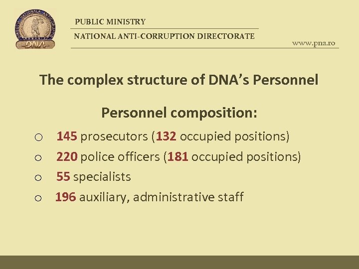 PUBLIC MINISTRY NATIONAL ANTI-CORRUPTION DIRECTORATE www. pna. ro The complex structure of DNA’s Personnel