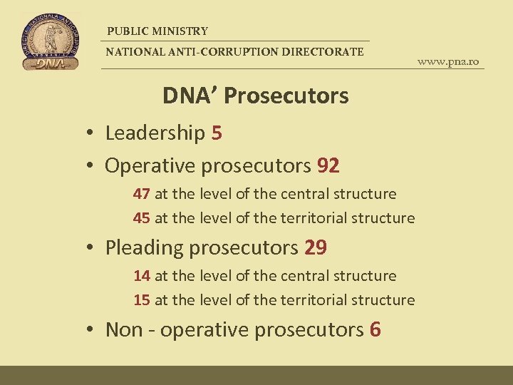 PUBLIC MINISTRY NATIONAL ANTI-CORRUPTION DIRECTORATE DNA’ Prosecutors • Leadership 5 • Operative prosecutors 92