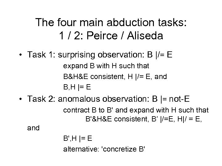 The four main abduction tasks: 1 / 2: Peirce / Aliseda • Task 1: