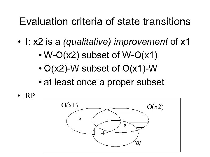 Evaluation criteria of state transitions • I: x 2 is a (qualitative) improvement of