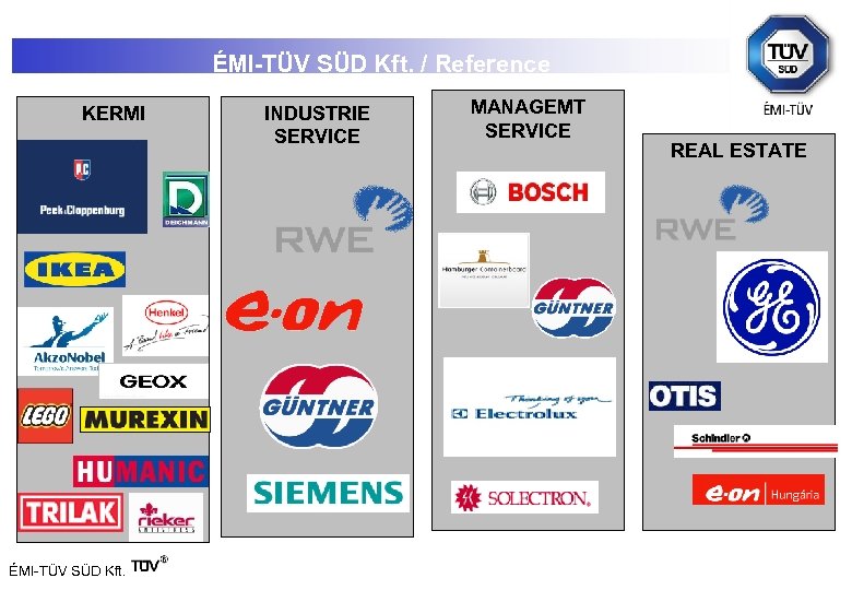 ÉMI-TÜV SÜD Kft. / Reference KERMI ÉMI-TÜV SÜD Kft. INDUSTRIE SERVICE MANAGEMT SERVICE REAL