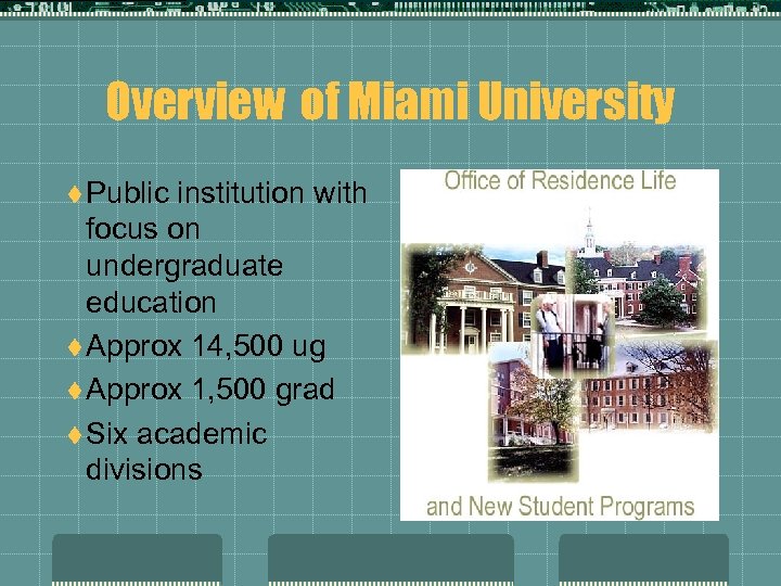 Overview of Miami University t Public institution with focus on undergraduate education t Approx