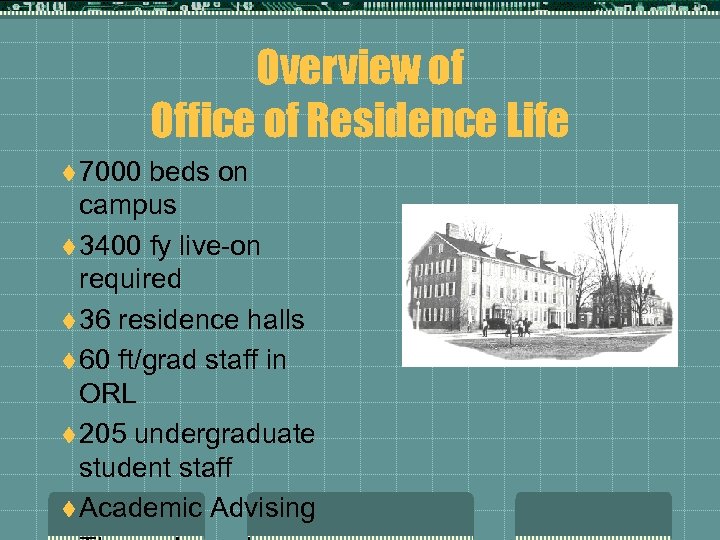 Overview of Office of Residence Life t 7000 beds on campus t 3400 fy