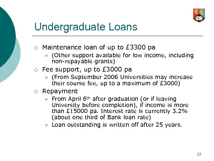 Undergraduate Loans ¡ Maintenance loan of up to £ 3300 pa l ¡ Fee