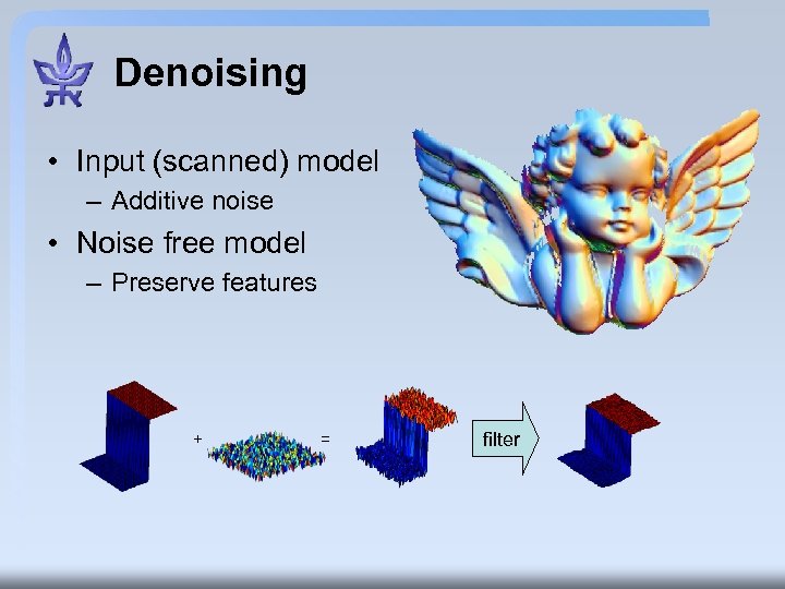 Denoising • Input (scanned) model – Additive noise • Noise free model – Preserve