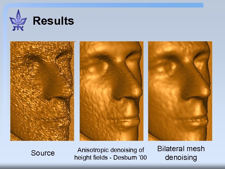 Results Source Anisotropic denoising of height fields - Desburn ’ 00 Bilateral mesh denoising