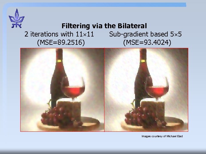 Filtering via the Bilateral 2 iterations with 11 11 Sub-gradient based 5 5 (MSE=89.