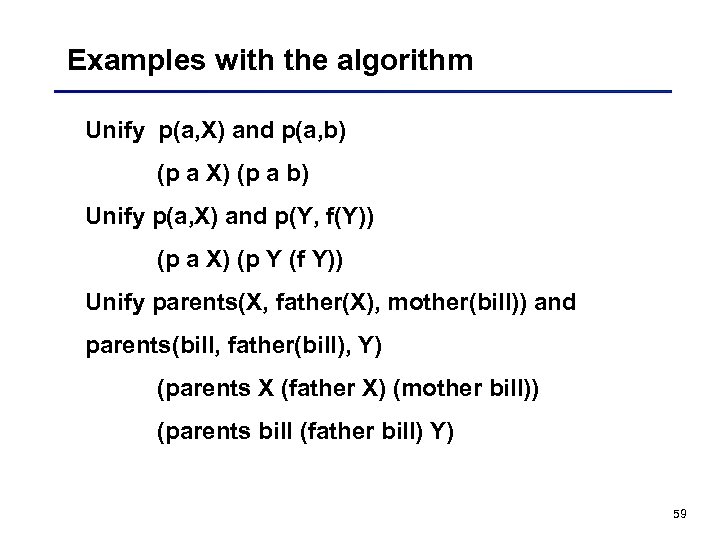 Examples with the algorithm Unify p(a, X) and p(a, b) (p a X) (p