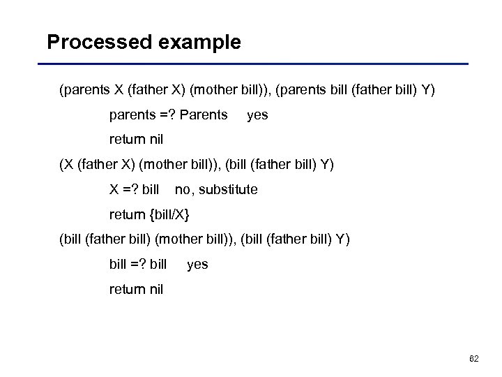 Processed example (parents X (father X) (mother bill)), (parents bill (father bill) Y) parents