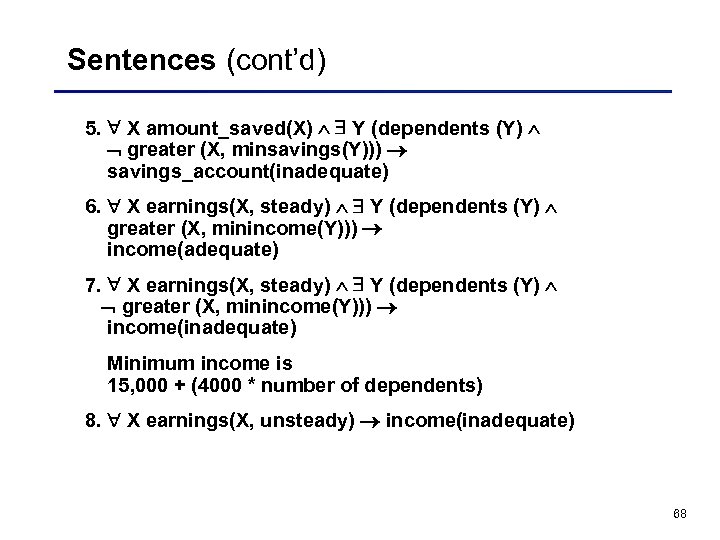 Sentences (cont’d) 5. X amount_saved(X) Y (dependents (Y) greater (X, minsavings(Y))) savings_account(inadequate) 6. X