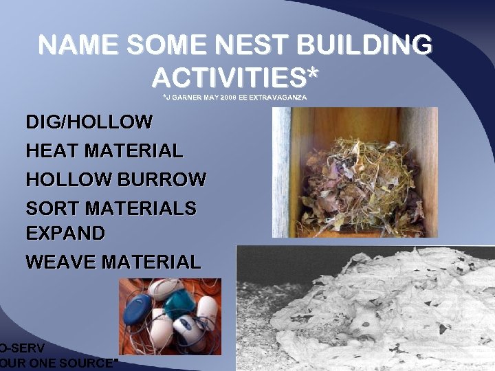 NAME SOME NEST BUILDING ACTIVITIES* *J GARNER MAY 2008 EE EXTRAVAGANZA DIG/HOLLOW HEAT MATERIAL