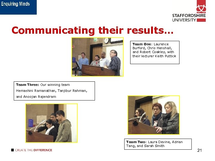 Communicating their results… Team One: Laurence Burford, Chris Henshall, and Robert Coakley, with their