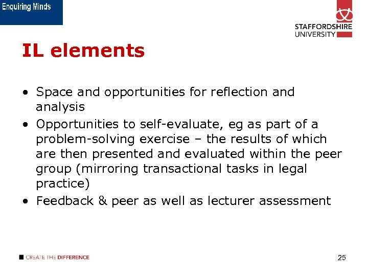 IL elements • Space and opportunities for reflection and analysis • Opportunities to self-evaluate,