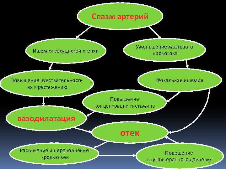 Спазм артерий Ишемия сосудистой стенки Уменьшение мозгового кровотока Фокальная ишемия Повышение чувствительности их к