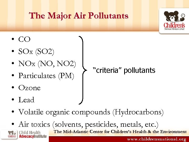 The Major Air Pollutants • • CO SOx (SO 2) NOx (NO, NO 2)