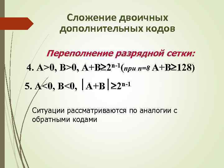 Сложение двоичных дополнительных кодов Переполнение разрядной сетки: 4. А>0, B>0, A+B 2 n-1(при n=8