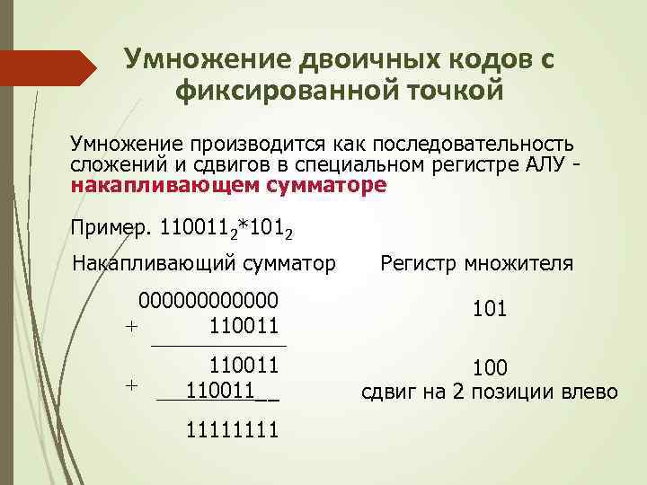 Умножение двоичных кодов с фиксированной точкой Умножение производится как последовательность сложений и сдвигов в