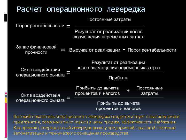 Расчет операционного левереджа Высокий показатель операционного левереджа свидетельствует о высоком риске предприятия, зависимости от