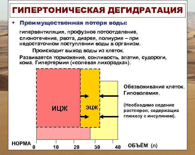 ГИПЕРТОНИЧЕСКАЯ ДЕГИДРАТАЦИЯ • Преимущественная потеря воды: гипервентиляция, профузное потоотделение, слюнотечение, рвота, диарея, полиурия –