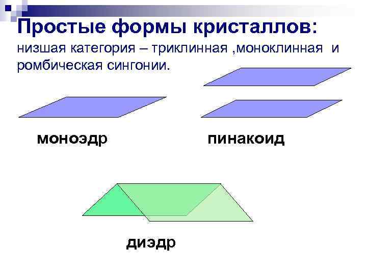 Простые формы кристаллов: низшая категория – триклинная , моноклинная и ромбическая сингонии. моноэдр пинакоид