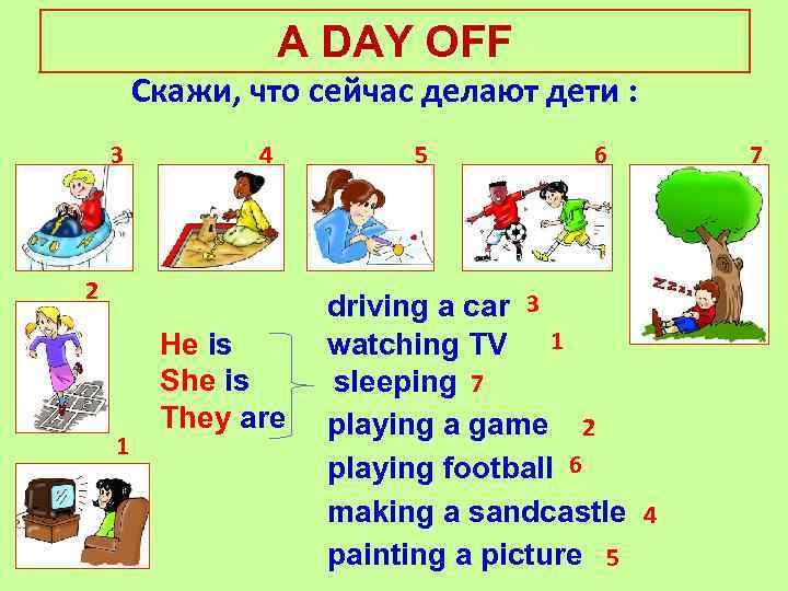 A DAY OFF Cкажи, что сейчас делают дети : 3 4 2 1 He
