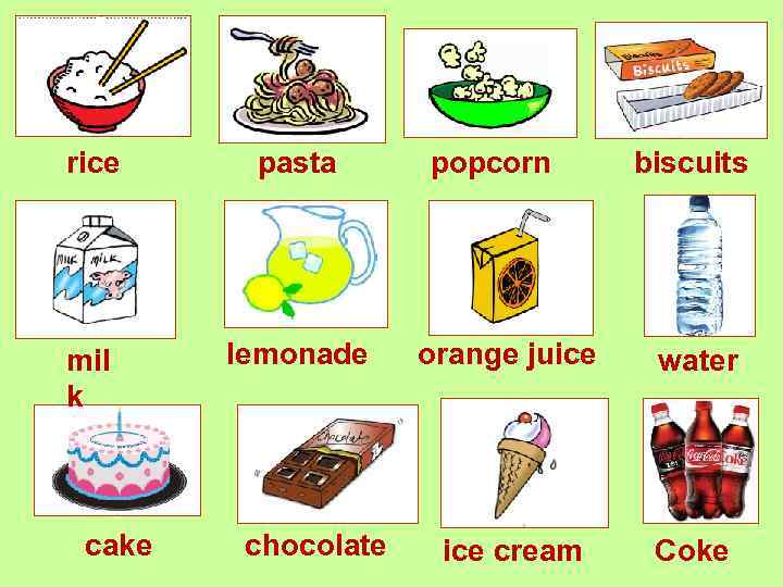 rice pasta mil k lemonade cake chocolate popcorn biscuits orange juice water ice cream
