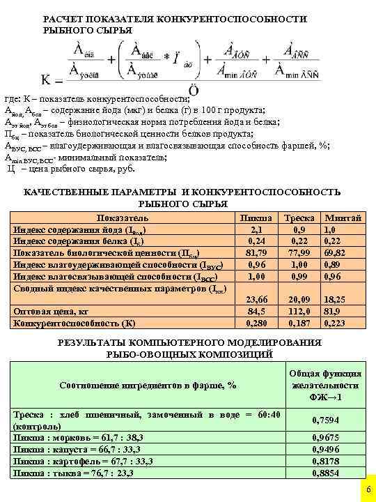 РАСЧЕТ ПОКАЗАТЕЛЯ КОНКУРЕНТОСПОСОБНОСТИ РЫБНОГО СЫРЬЯ где: К – показатель конкурентоспособности; Айод, Абел – содержание