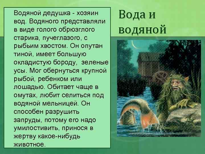 Водяной дедушка - хозяин вод. Водяного представляли в виде голого обрюзглого старика, пучеглазого, с