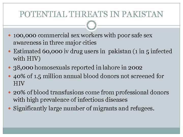 POTENTIAL THREATS IN PAKISTAN 100, 000 commercial sex workers with poor safe sex awareness