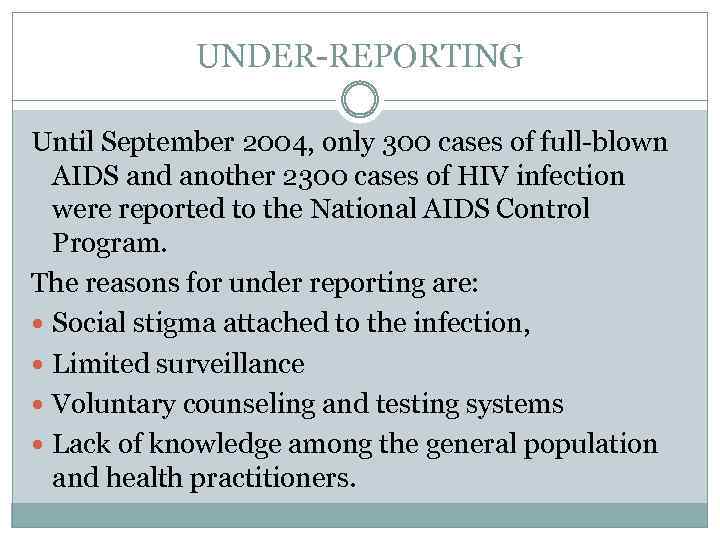 UNDER-REPORTING Until September 2004, only 300 cases of full-blown AIDS and another 2300 cases