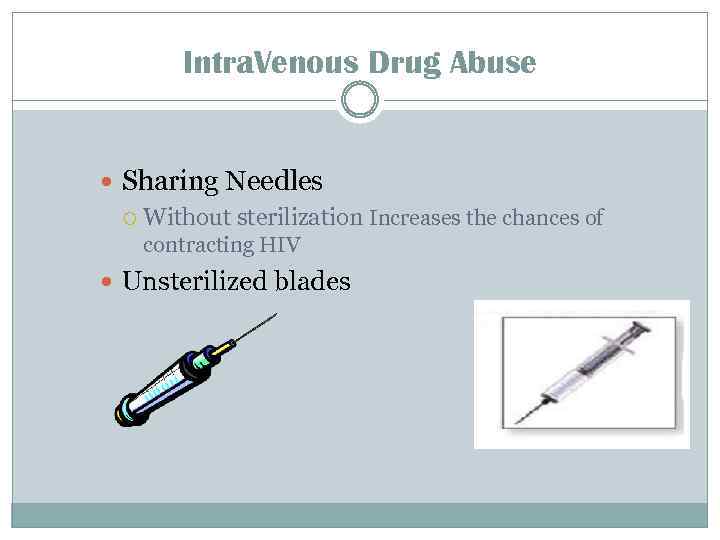 Intra. Venous Drug Abuse Sharing Needles Without sterilization Increases the chances of contracting HIV