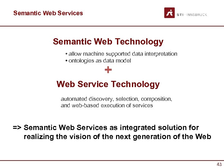 Semantic Web Services Semantic Web Technology • allow machine supported data interpretation • ontologies