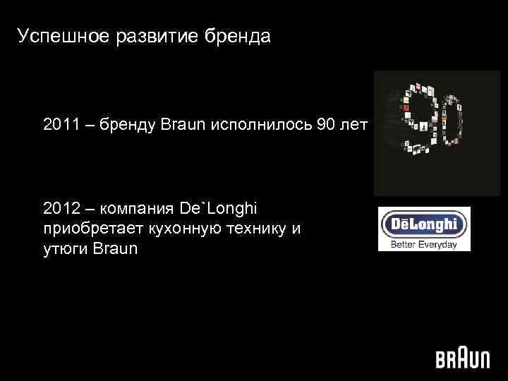 Успешное развитие бренда 2011 – бренду Braun исполнилось 90 лет 2012 – компания De`Longhi