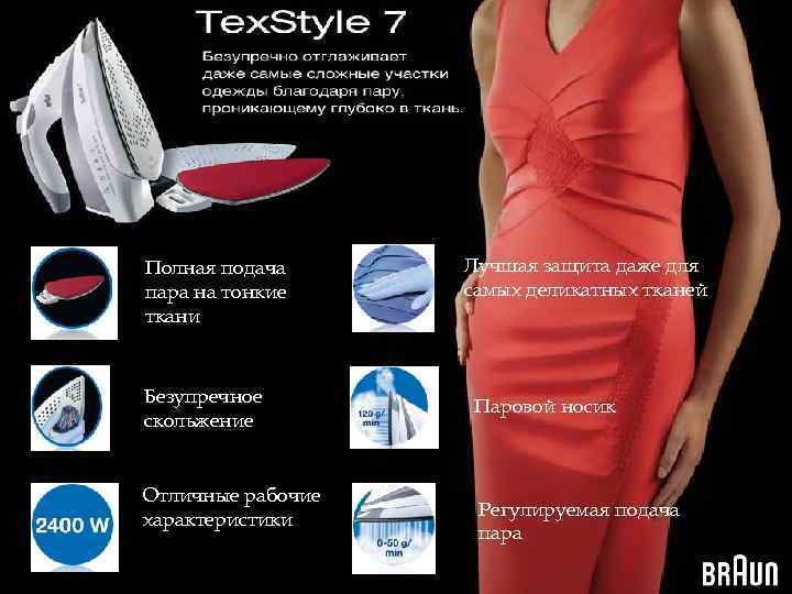 Полная подача пара на тонкие ткани Безупречное скольжение Отличные рабочие характеристики Лучшая защита даже