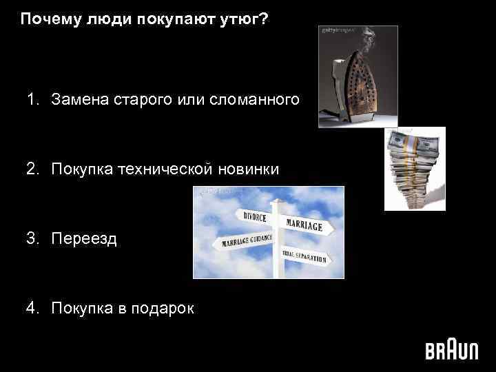 Почему люди покупают утюг? 1. Замена старого или сломанного 2. Покупка технической новинки 3.